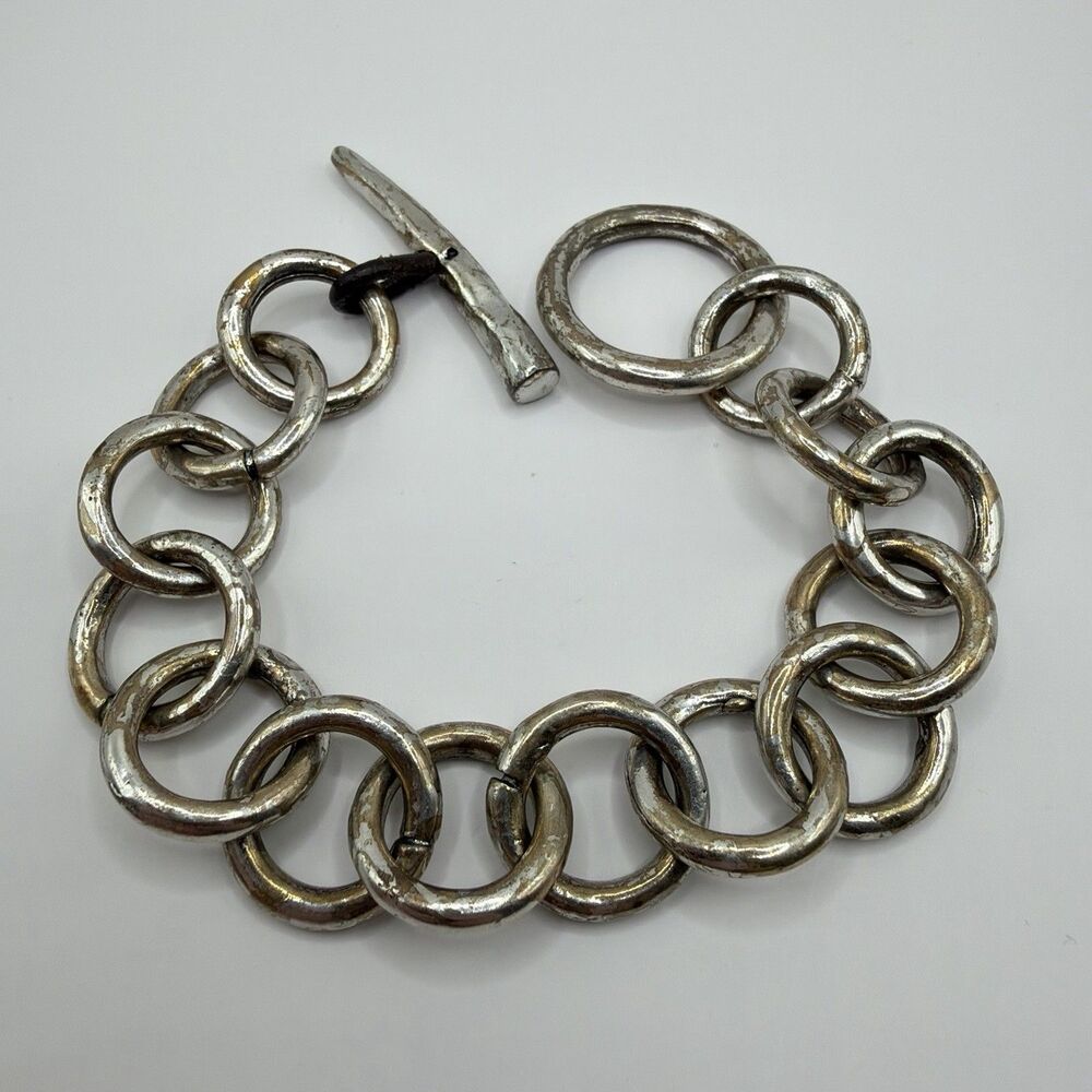 925 Sterling Silver Heavy Round Link Toggle Bracelet 8.5" 55.9g